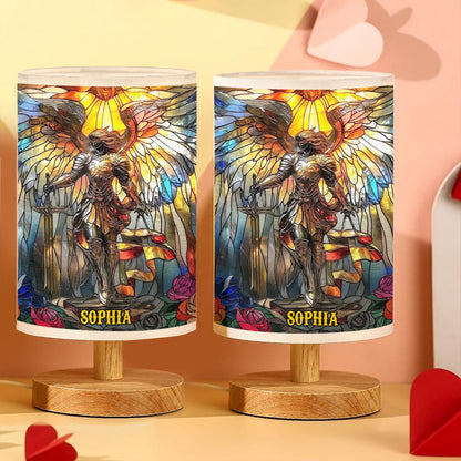 Archangel Michael - Personalized Christian Table Lamp with Wood Base