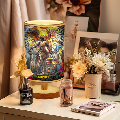 Archangel Michael - Personalized Christian Table Lamp with Wood Base