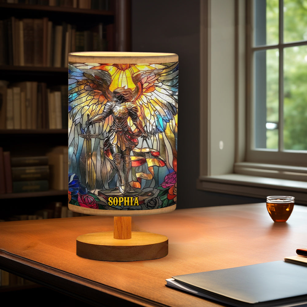 Archangel Michael - Personalized Christian Table Lamp with Wood Base