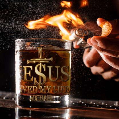 Christmas Gift: "Jesus Saved My Life" Whiskey Glass with Deep Faith Message for Christian Men. - Personalized Christian Whiskey Glass