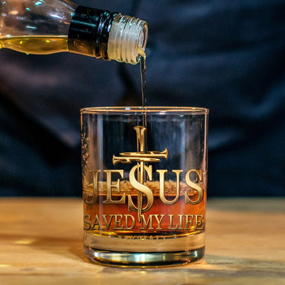 Christmas Gift: "Jesus Saved My Life" Whiskey Glass with Deep Faith Message for Christian Men. - Personalized Christian Whiskey Glass