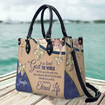 For God So Loved The World - Personalized Butterfly Leather Handbag