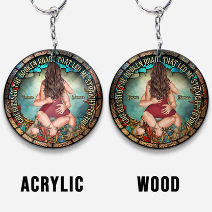 God Blessed The Broken Road That Led Me Straight To You - Personalized Couple Keychain