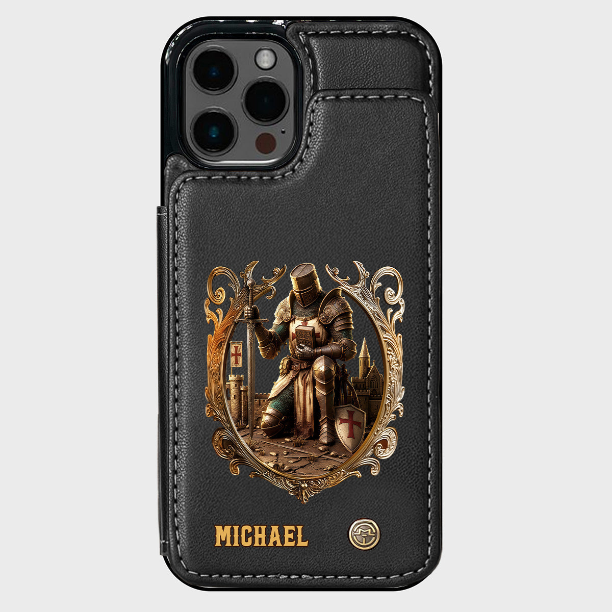 Kneeling Crusader Knight With Sword & Bible - Personalized Christian Wallet Phone Case