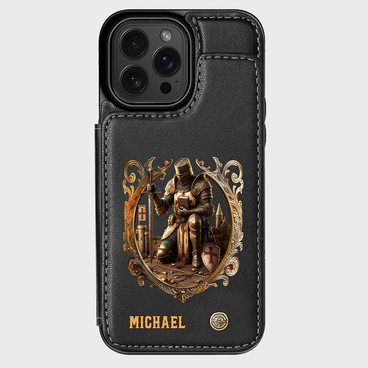 Kneeling Crusader Knight With Sword & Bible - Personalized Christian Wallet Phone Case