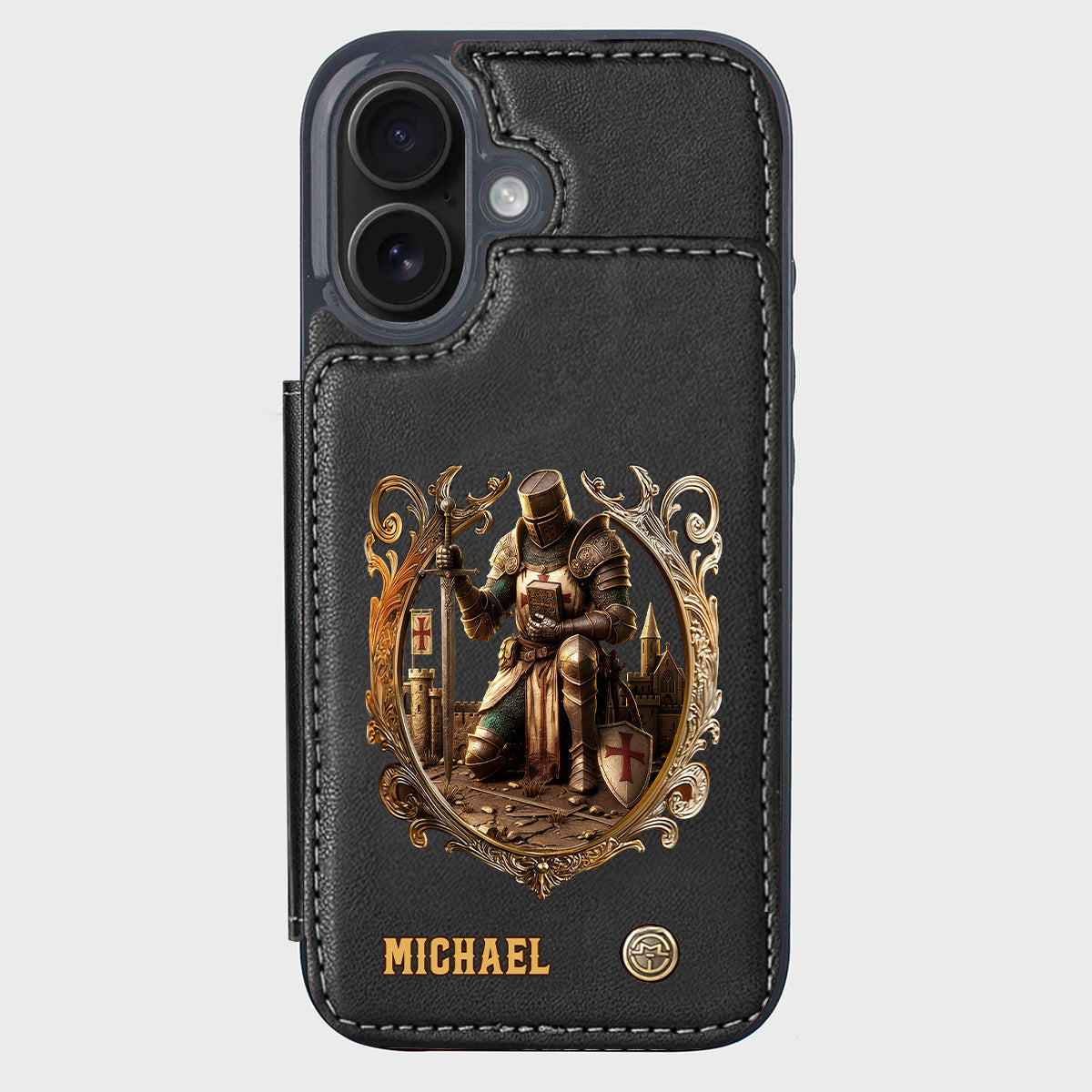 Kneeling Crusader Knight With Sword & Bible - Personalized Christian Wallet Phone Case