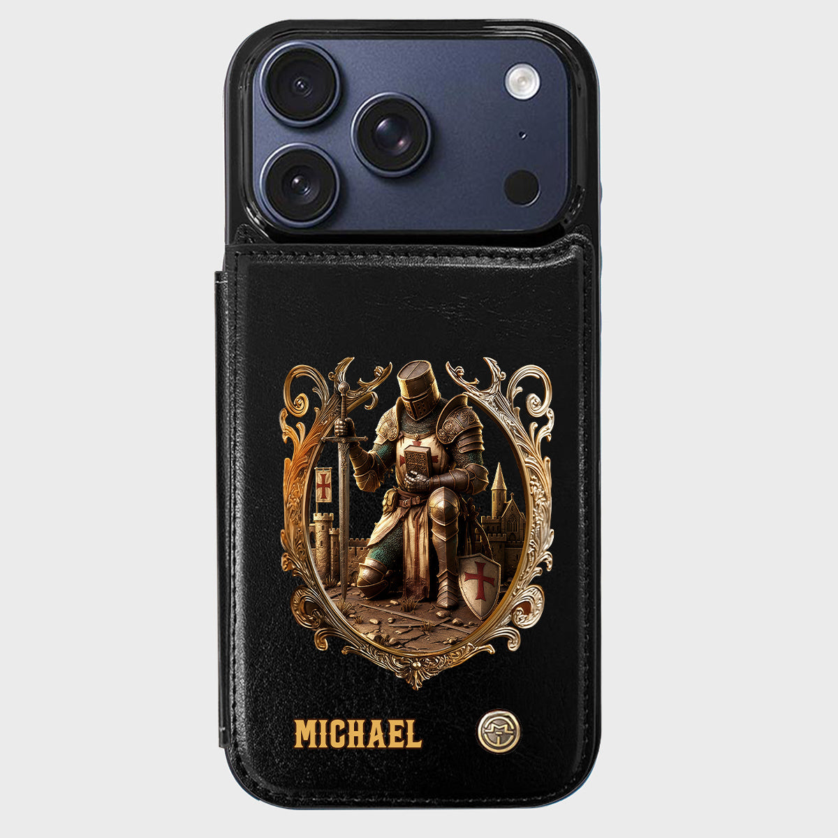 Kneeling Crusader Knight With Sword & Bible - Personalized Christian Wallet Phone Case