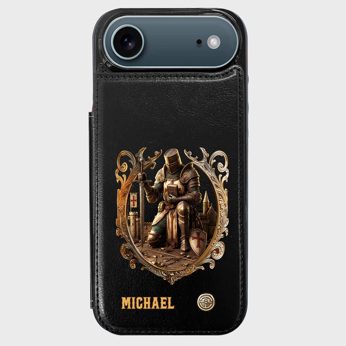Kneeling Crusader Knight With Sword & Bible - Personalized Christian Wallet Phone Case