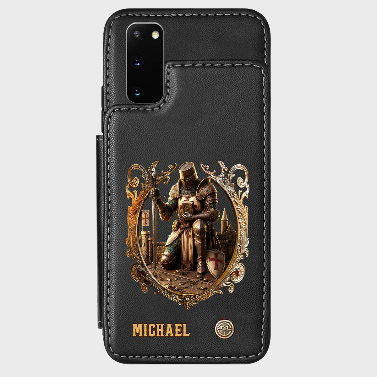 Kneeling Crusader Knight With Sword & Bible - Personalized Christian Wallet Phone Case