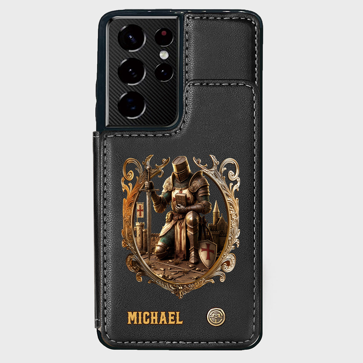 Kneeling Crusader Knight With Sword & Bible - Personalized Christian Wallet Phone Case